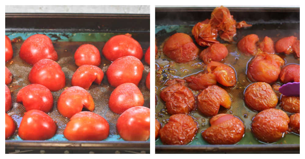 Cut fresh tomatoes and roasted tomatoes on a baking sheet.