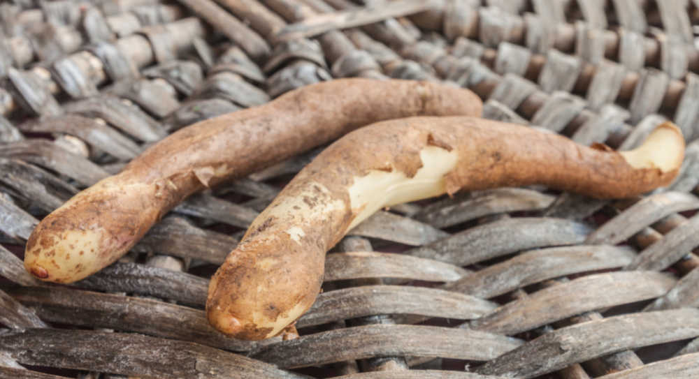 Tubers in a straw basket.