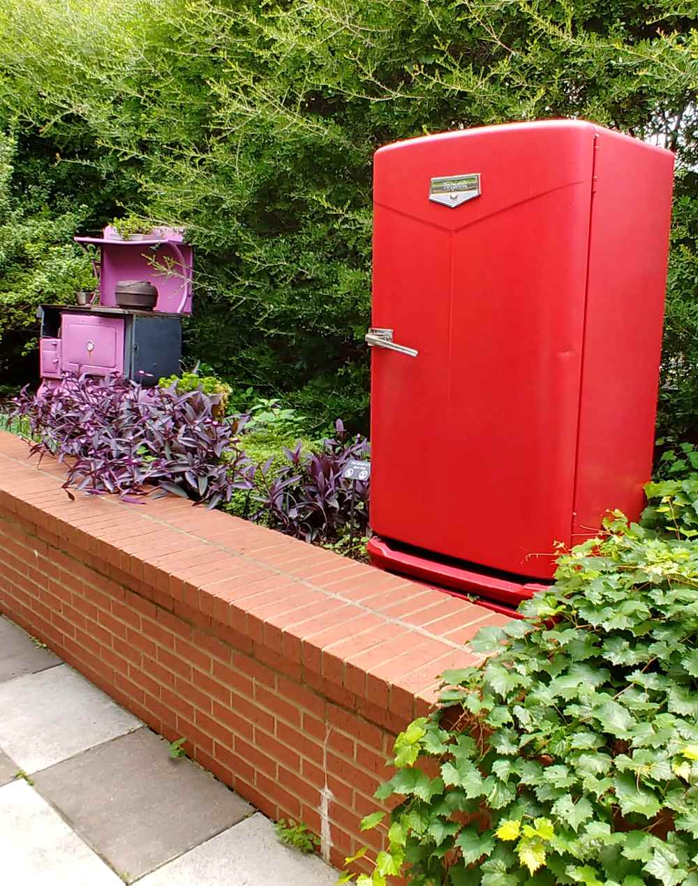 Stove and fridge with plants nearby.