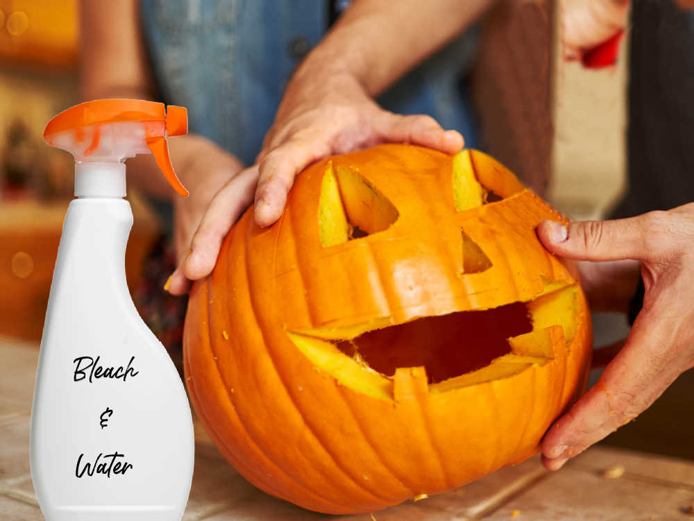 Carved pumpkin with bottle of bleach and water to preserve it.