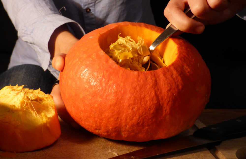 Hands scooping pumpkin seeds out of a pumpkin.