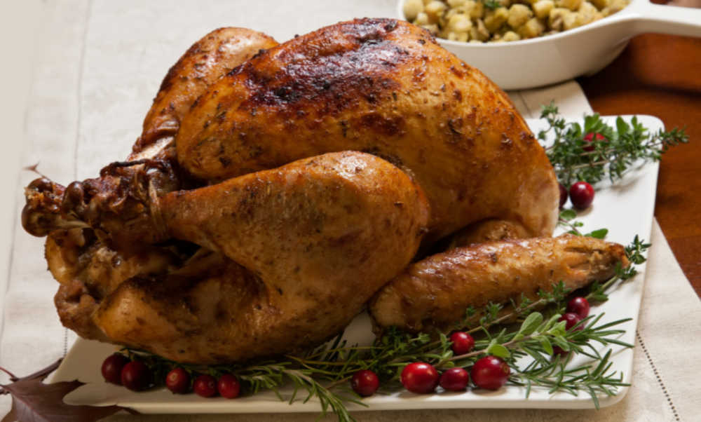 Roast turkey with stuffing, cranberries and herbs. Roasted turkey on a platter with fresh herbs.
