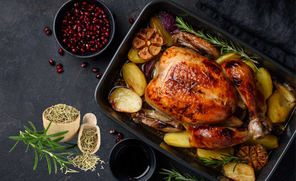 Rosemary and turkey Roast turkey and vegetables with fresh and dried rosemary.