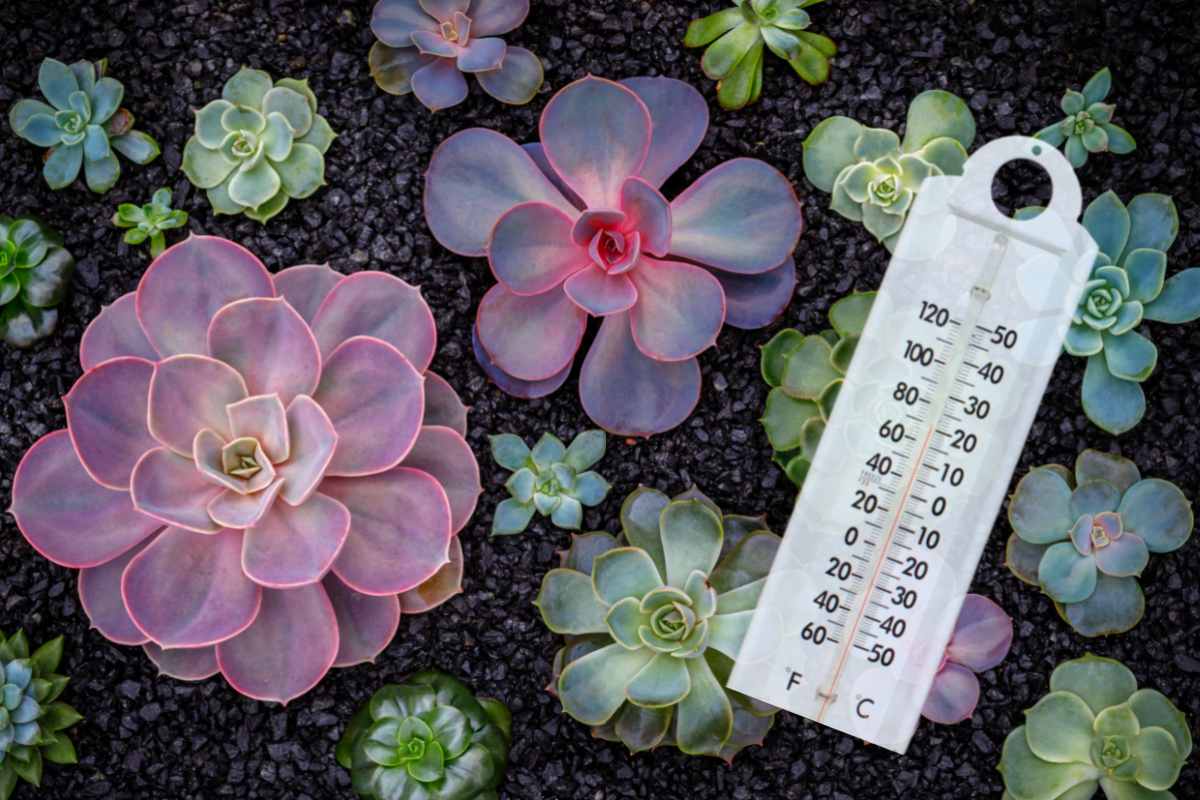 Echeveria plants with a thermostat overlay.