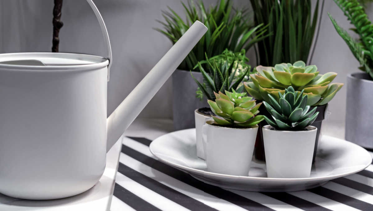 Watering can and succulents.