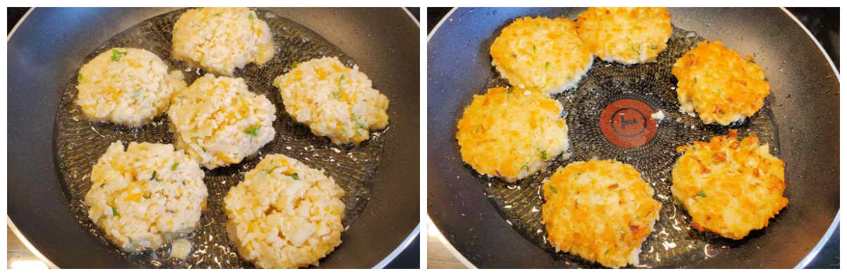 Frying rice patties in oil