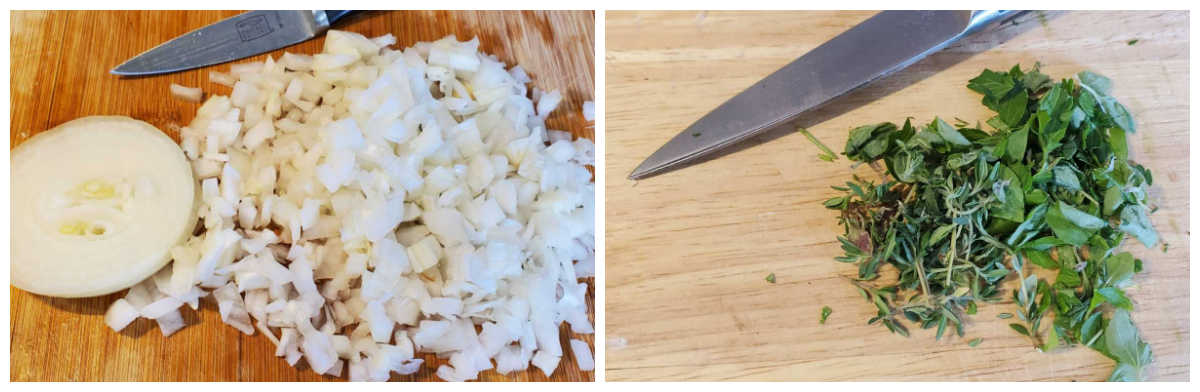 Chopped onions and herbs for a rice patty recipe