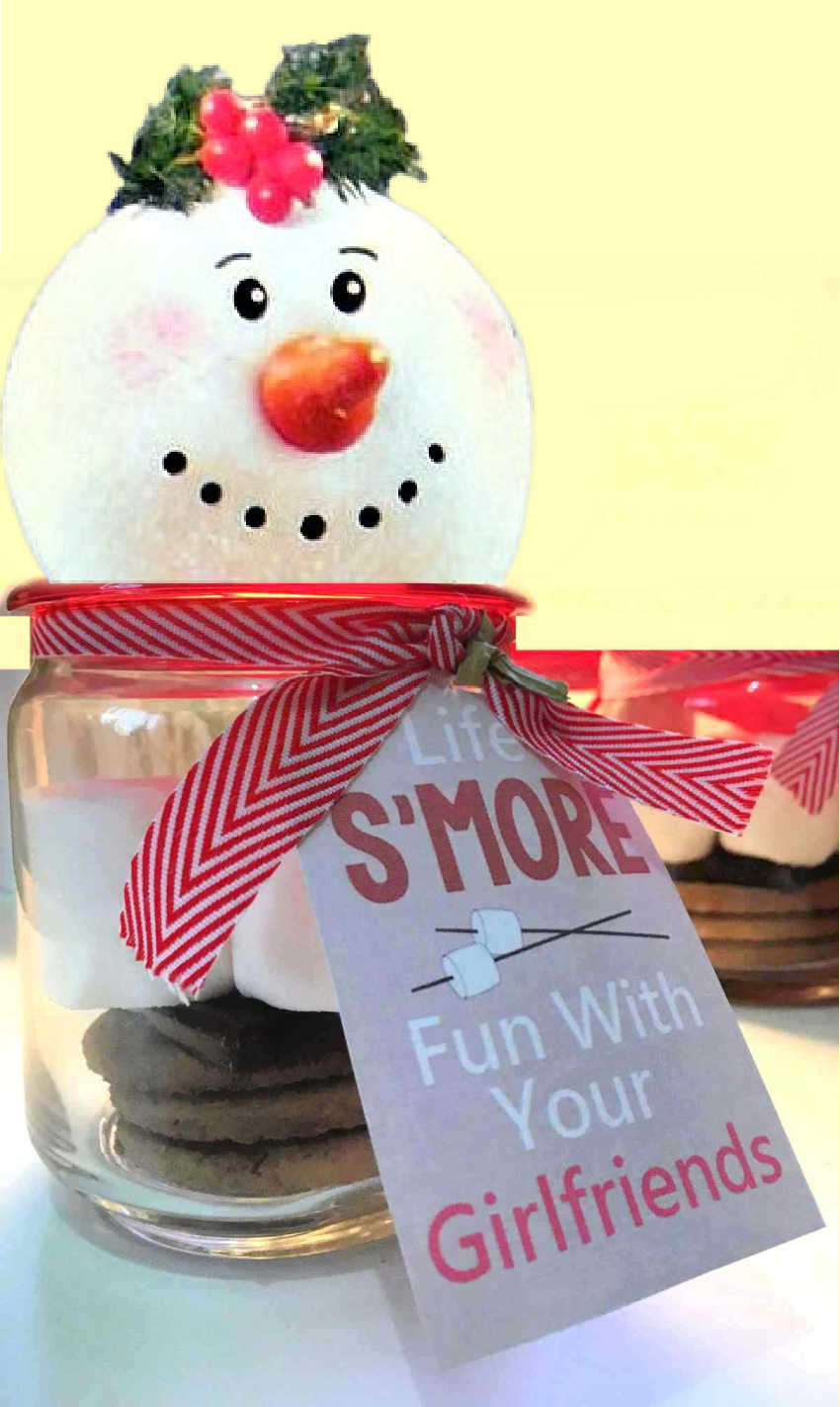 Smores in a jar with label and snowman head.