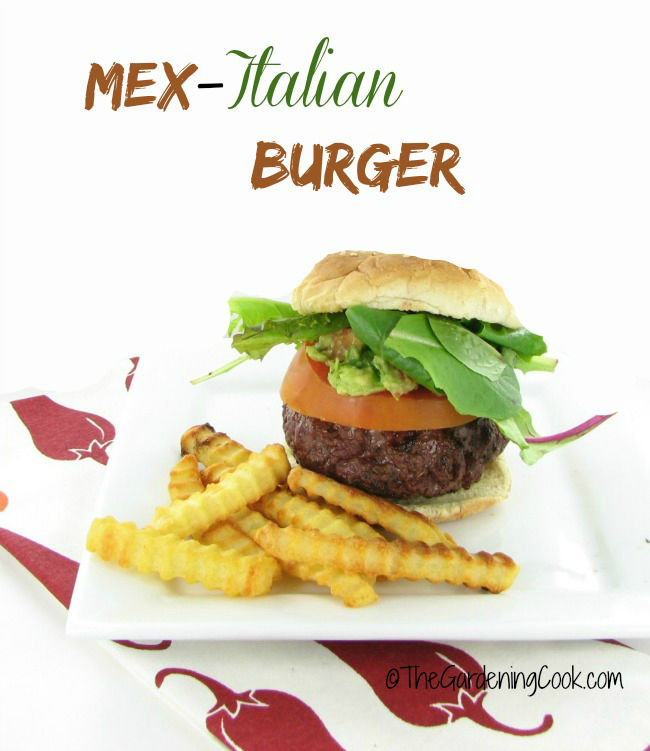 burger on a white plate with words Mex-Italian Burger.