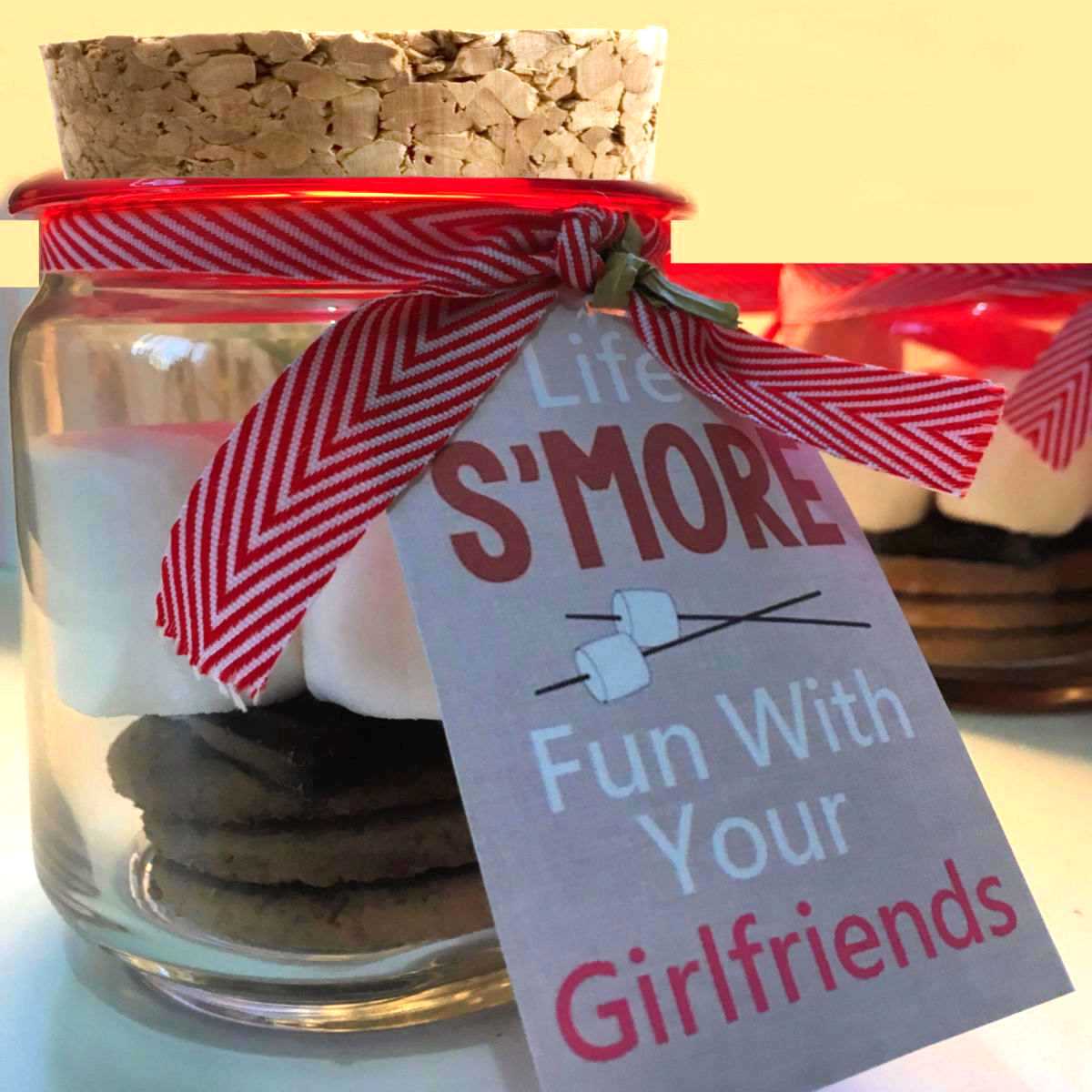 S'more in a jar party favor with label.