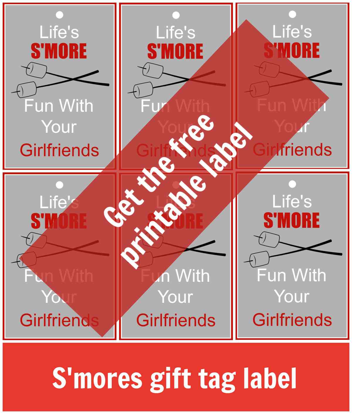 Sheet of s'more jar labels with red overlay.